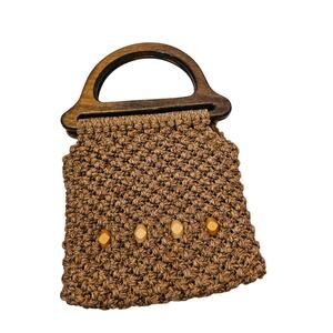 Vintage Macrame Crochet Handbag Wooden Handle Boho Purse Rustic Brown Bag 70s